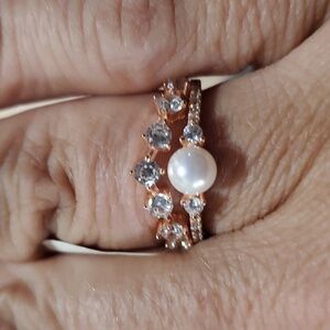 STERLING ROSE GOLD PEARL RING WITH CRYSTALS SZ6
